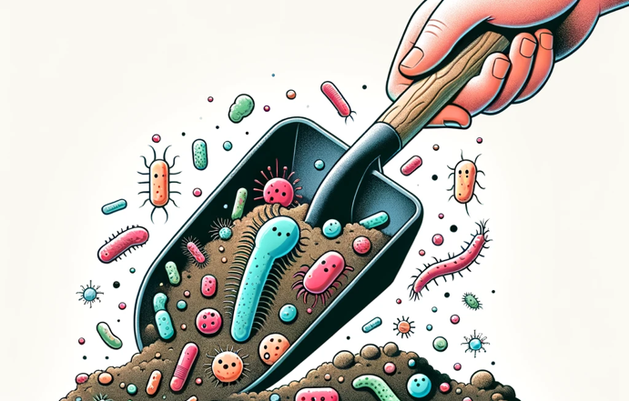 An AI generated illustration of a hand digging into soil, revealing a diverse and colourful representation of the soil microbiome