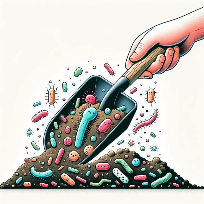 An AI generated illustration of a hand digging into soil, revealing a diverse and colourful representation of the soil microbiome