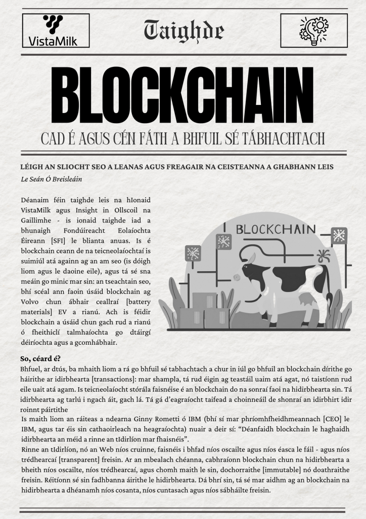 news article on blockchain in irish language